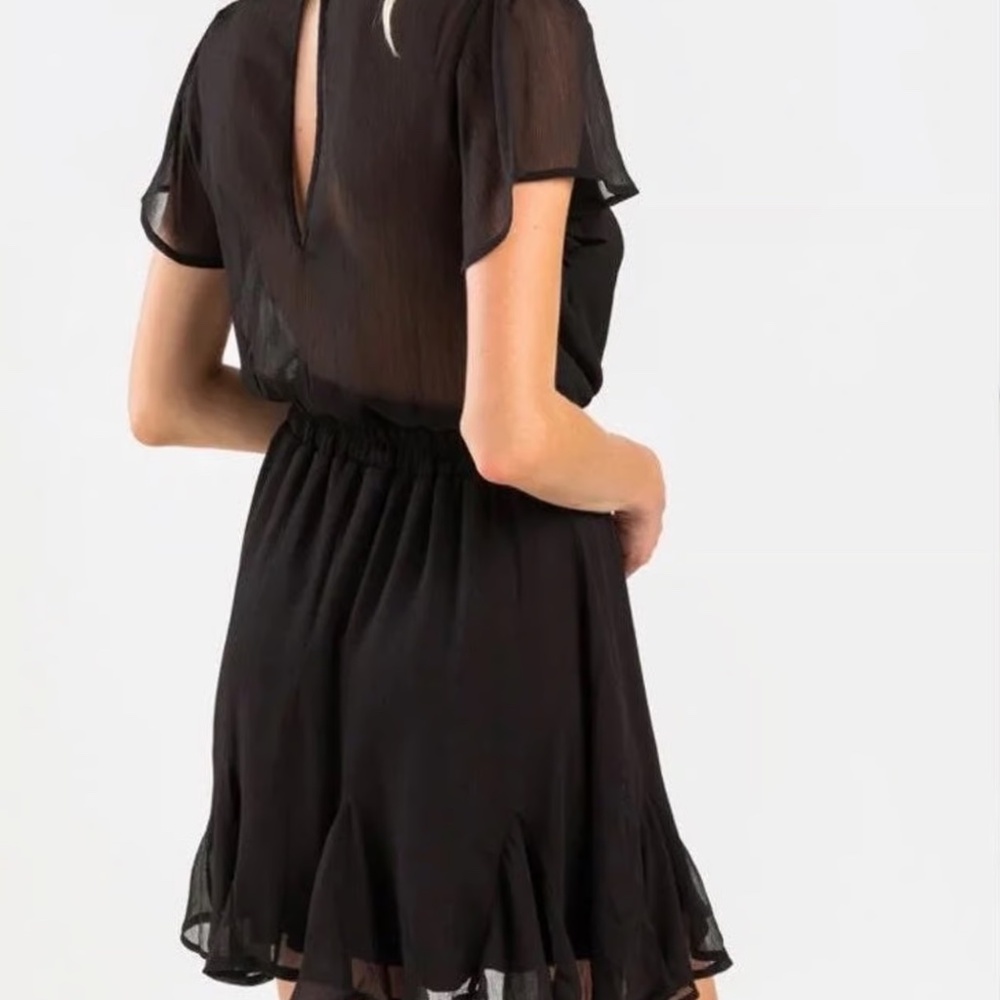 Mi Ami Sheer Black Mini Dress Flutter Sleeve LBD Size L Wedding Guest